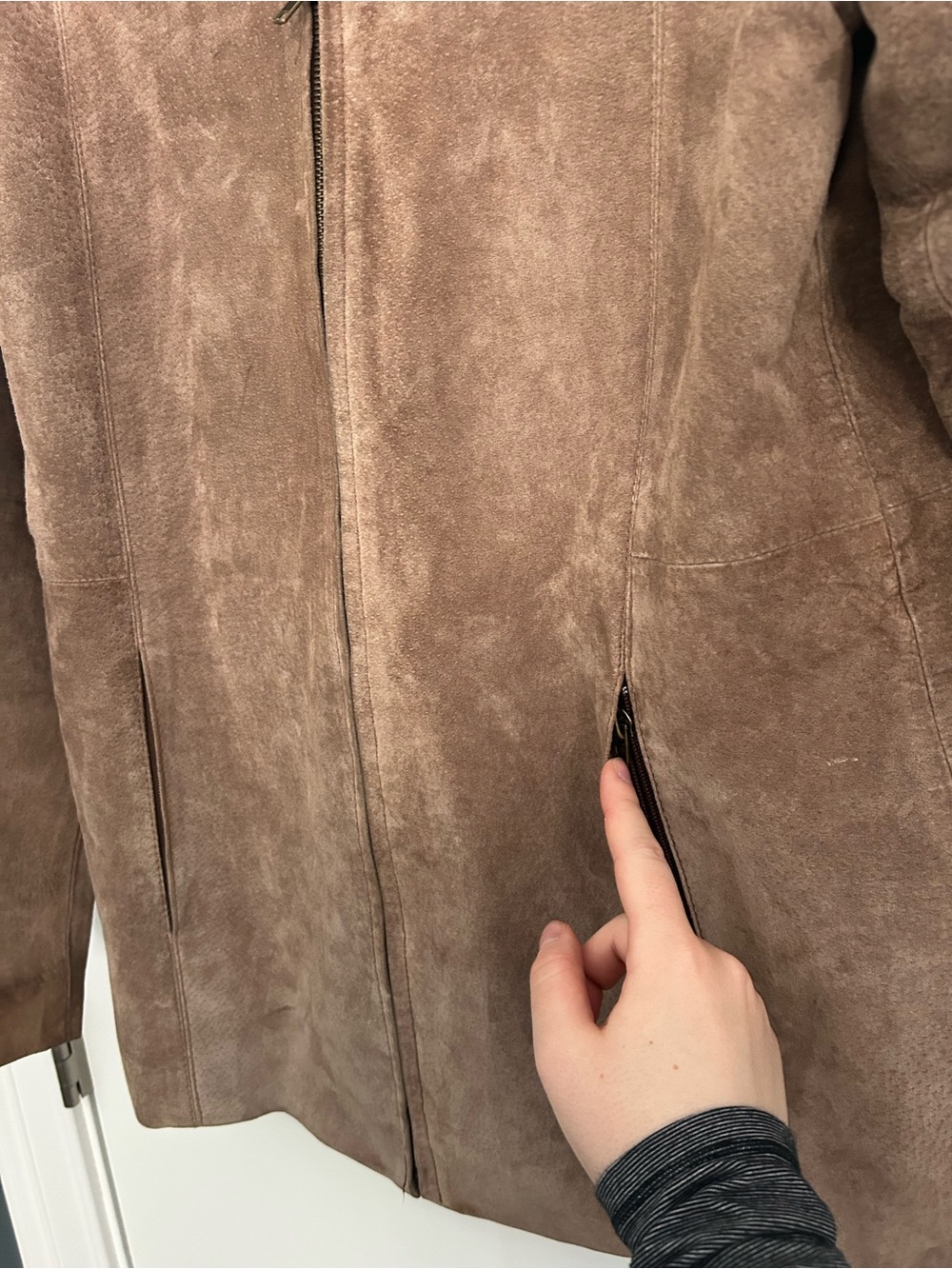 Tan Taupe Genuine Suede Zip Up Leather Jacket - Picture 4 of 8